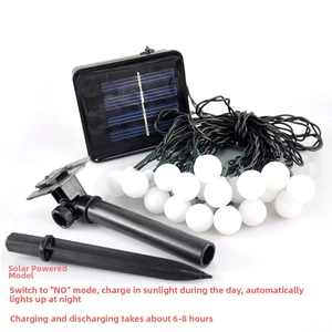 Solar panel and frosted LED ball string light set with ground stake for camping decor