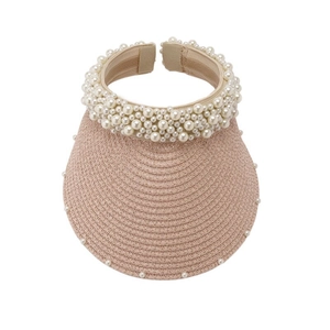 Elegant wide brim straw sun visor for women with heavy pearl embellishments and adjustable strap