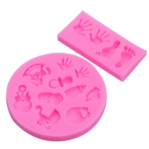 Pink baby shower silicone fondant mold set with footprints, bottles and pacifier shapes