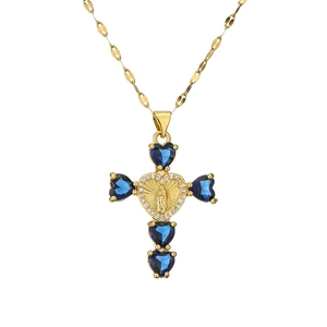 Collier croix avec pierres coeur bleues et médaillon de Marie sur chaîne dorée