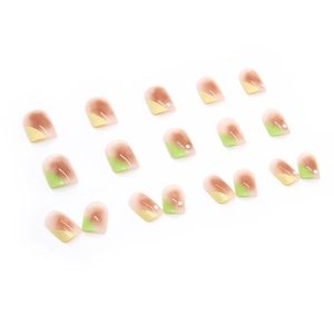 Short square press-on nails with pink gradient and yellow green geometric color block