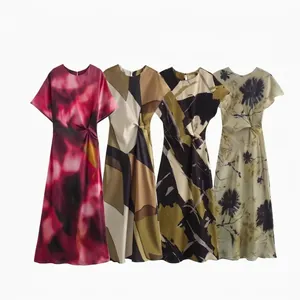 Elegant Printed Maxi Dress Satin Texture Twist Knot Waist Short Sleeve Round Neck Floral Abstract Geometric Style For Women