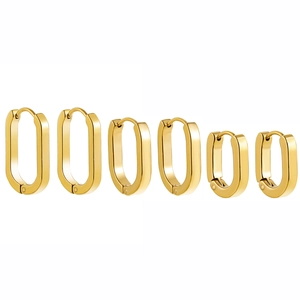 Three sizes of polished 18K gold plated oval hoop earrings set in a vertical gradient