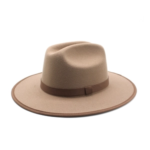 Classic light brown wool felt fedora hat with a wide brim and dark brown ribbon band