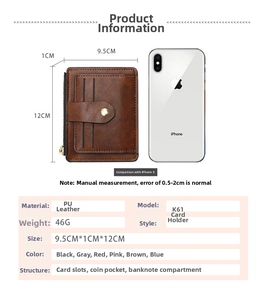 Brown PU leather wallet product specifications with dimensions 9.5x1x12cm and structure info