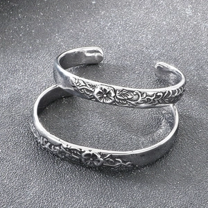 Vintage floral engraved open cuff bracelet in silver stainless steel with retro patterns