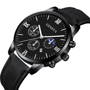 Detail view of black dial with sun-moon phase sub-dial and Roman numerals on leather watch