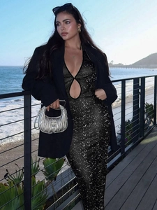 Sexy black deep V-neck hollow out bodycon dress with glitter fabric and waist cutouts