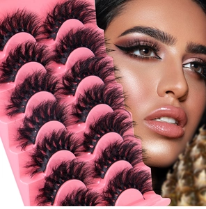 Close-up of fluffy thick faux mink eyelashes with dramatic curl and model wearing effect