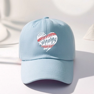 Detail of light blue cotton baseball cap featuring heart baseball stitch MAMA print
