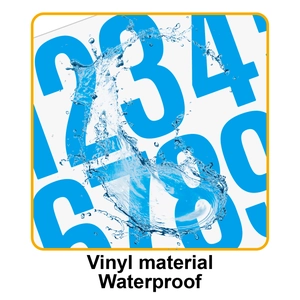 Detail of waterproof blue vinyl 3 inch number stickers showing water droplets on surface