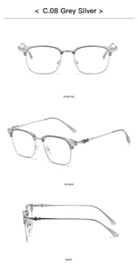 Three views of grey silver retro semi-rimless glasses with metal cross detail