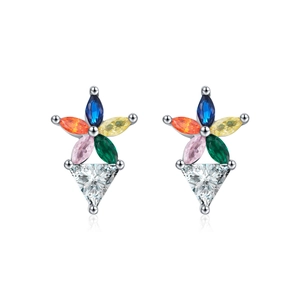 Elegant s925 sterling silver rainbow flower stud earrings with colorful gemstones