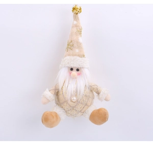 Detail of Santa plush ornament featuring a long knit hat, faux fur, and a pearl button