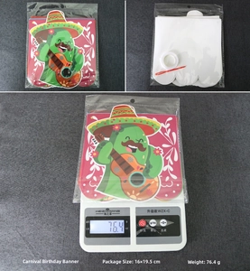 Detailed view of Carnival Birthday Banner kit with cactus flags and packaging specs