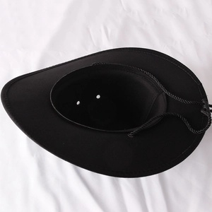 Detail of black suede cowboy hat featuring metal ventilation eyelets and braided band