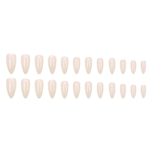 Set of 24 glossy almond shape press-on nails in natural pink skin tone on white base
