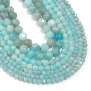 Macro detail of natural faceted Amazonite beads with blue and green color gradients