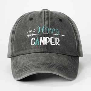 Washed charcoal grey baseball cap with I'M A HAPPY CAMPER embroidery for outdoors