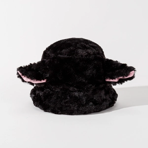Detail of cute lamb ears and fluffy black plush texture on this winter bucket hat