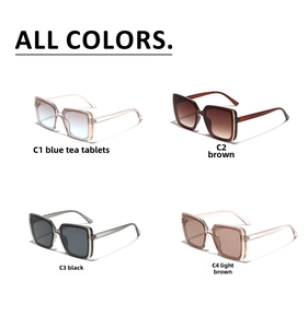 Detailed grid showing square sunglasses in four stylish colors from blue to classic black
