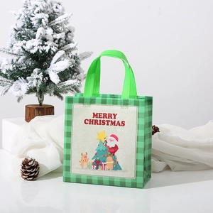 Close-up of green checkered Christmas gift bag with Santa Claus and Merry Christmas text