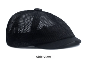 Side view of black mesh flat cap with breathable honeycomb fabric and short brim