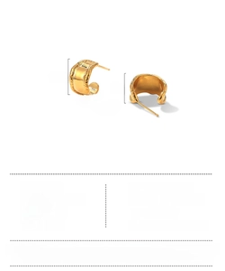 Close-up of golden irregular textured C-shaped earrings with 14mm height dimension