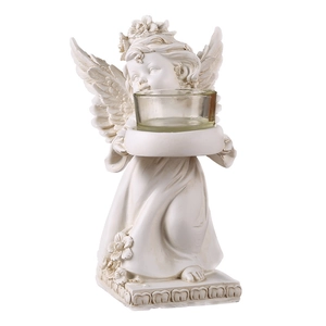 European vintage resin angel candle holder statue with a clear glass candle cup for decor