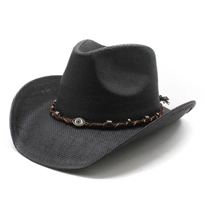 Black straw cowboy hat with ethnic eye pendant and silver metal beads detail