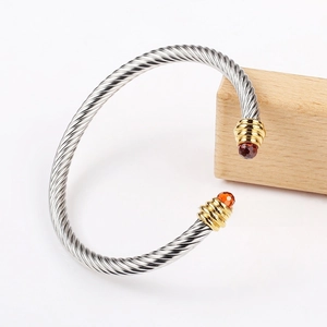 Close-up of silver cable twist bracelet with gold screw-ends and red gemstone inlay