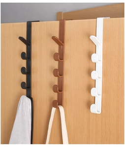 Over-the-door hooks in black, brown, and white colors with 5 sturdy plastic hanging pegs