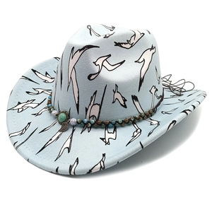 Western Cowboy Hat Polyester Felt Bird Print Bohemian Beaded Band Turquoise Leaf Pendant Wide Brim Ethnic Style