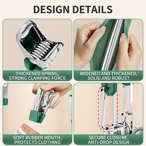 Durable stainless steel laundry clips with green soft rubber pads and heavy-duty springs