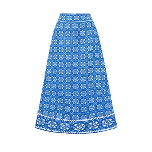 Detailed view of bohemian blue and white floral print maxi skirt with a wide A-line hem