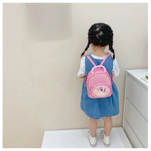 Pink sequin mini backpack for girls with pearl handle and shell pocket detail