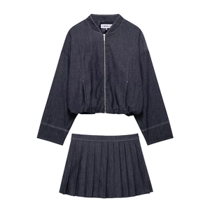 Navy Blue Women Denim Style Zip Up Bomber Jacket And High Waist Pleated Mini Skirt Balloon Fit Casual Streetwear