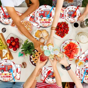 Verjaardagsfeest servies set rode brandweerwagen papieren borden bekers feestartikelen