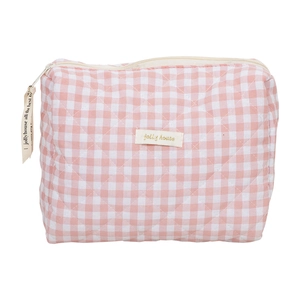 Trousse à maquillage matelassée à carreaux rose et blanc avec fermeture éclair et grande capacité
