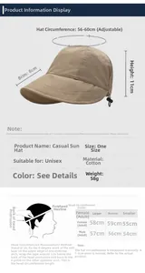 Detailed size chart for sun hat with 8cm brim, 11cm height, and adjustable circumference