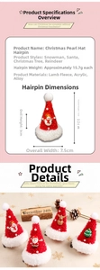 Detailed specs showing snowman and santa hat hair clips with lamb wool and pearl accents
