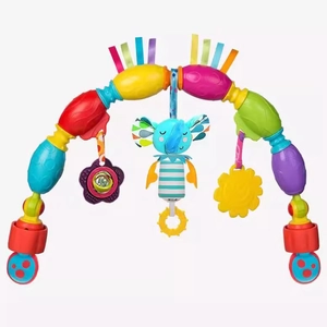 Baby stroller activity arch with blue elephant plush, sun toy, and flower mirror
