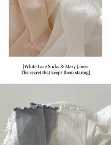 Detailed view of white cotton lace socks featuring hollow out patterns and wavy cuffs