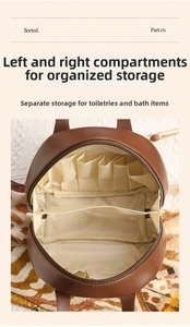 Detailed interior of large brown leather cosmetic bag with sorted compartments and slots