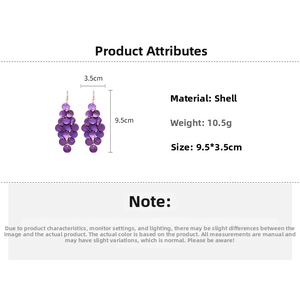 Detail view of long purple shell tassel earrings with size 9.5x3.5cm and weight 10.5g