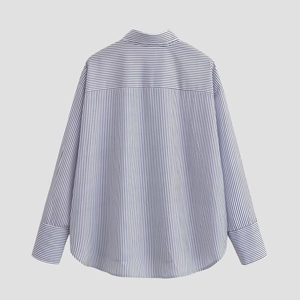 Rear view of a premium blue and white thin striped poplin shirt with a curved hem
