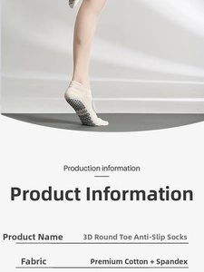 Detail view of cotton yoga socks showing 3D round head and non-slip silicone sole grip