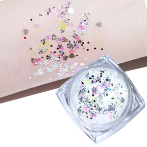 Holographic glitter gel in jar with star and heart shapes for face and nail makeup
