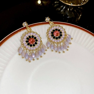Vintage Floral Dangle Earrings Alloy Synthetic Crystal Rhinestone With Silver Earring Post Bohemian Style For Women