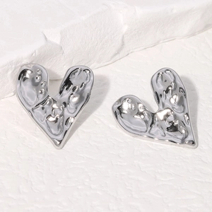 Minimalist silver irregular heart stud earrings with liquid metal texture on stone
